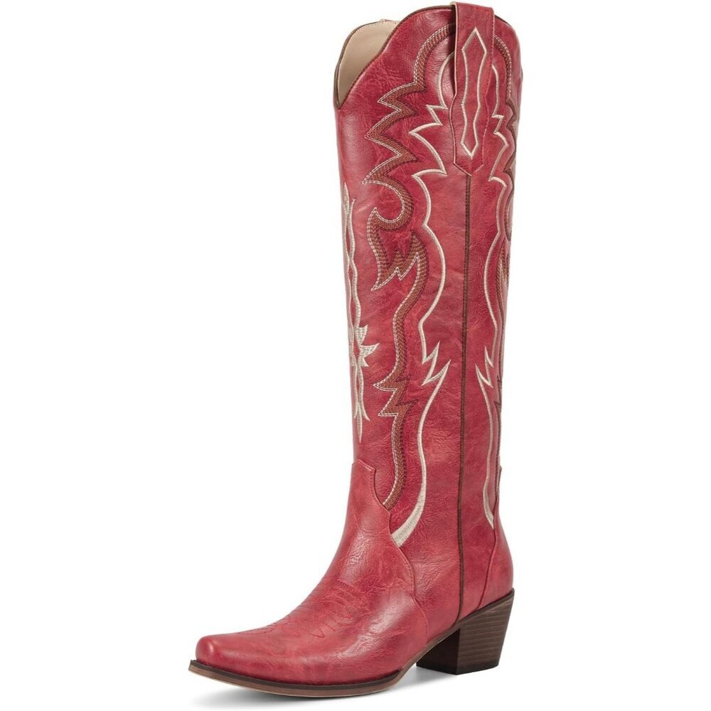 ⚡Women Matte Red Faux Leather Cowgirl  Knee High Chunky Heel Pointed Toe Boots
